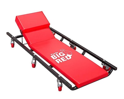 Big red shop creepers with adjustable headrest for mechanics