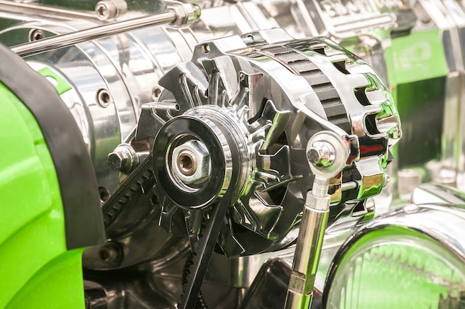 Chromed vehicle alternator in a hot-rod.