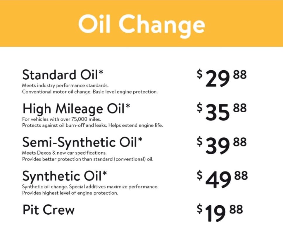 Walmart Oil Change Price Chart